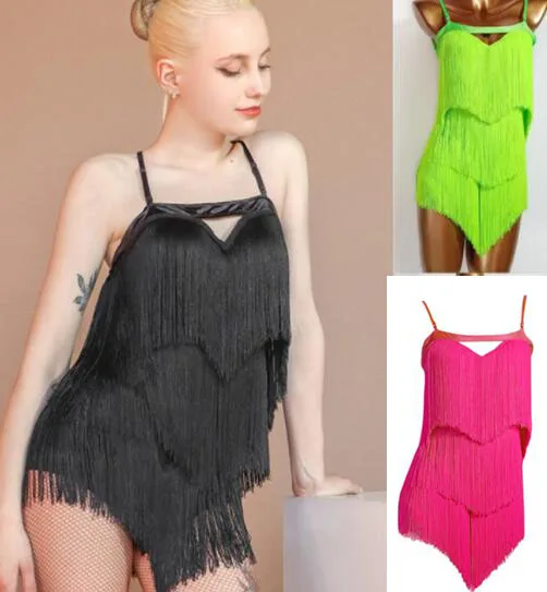 

fringe latin dress salsa samba cha cha dress black neon pink neon green 745