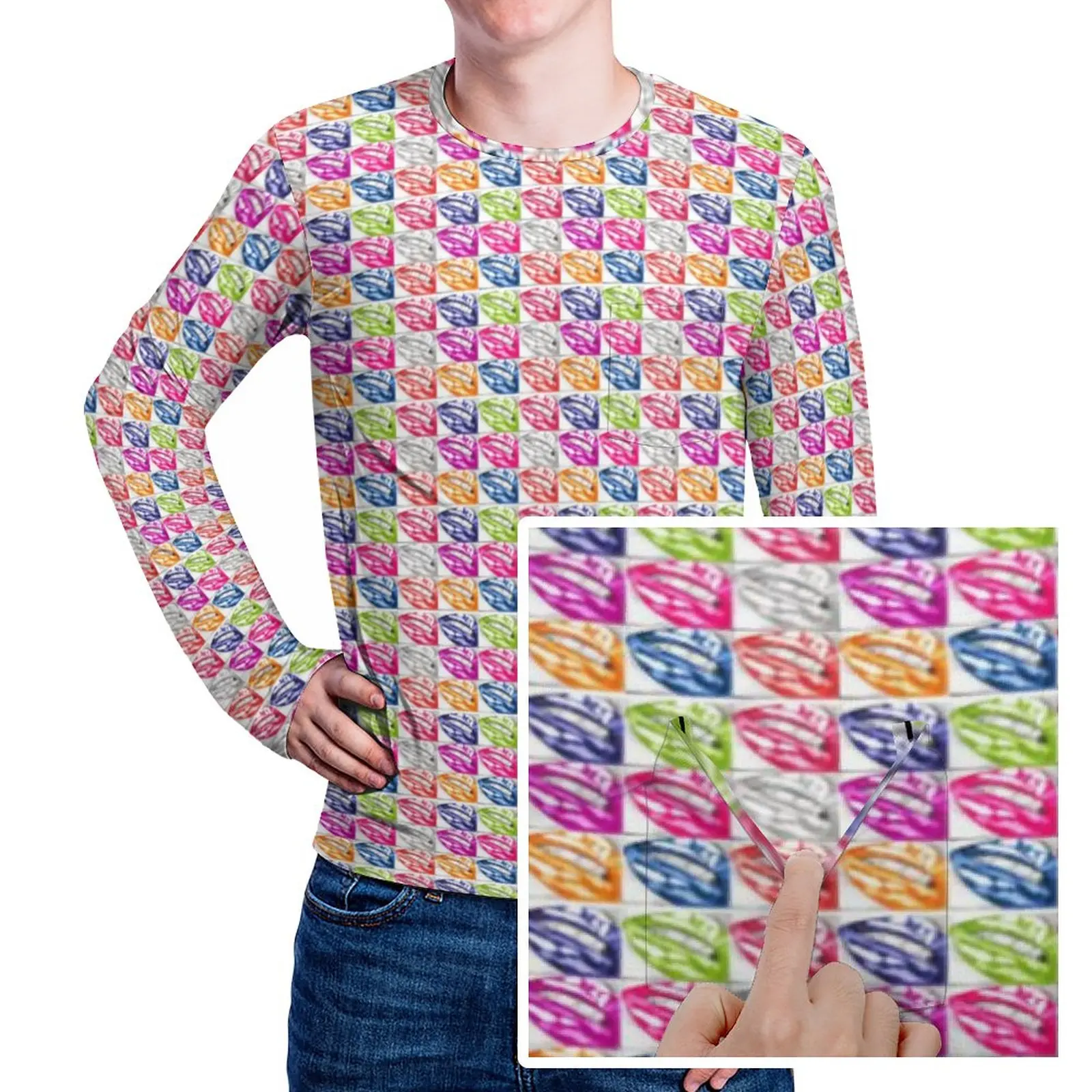 

Мужская футболка с принтом губ, поп-арт, красочные футболки в уличном стиле с принтом рта, Весенняя модная футболка с длинным рукавом, Индивидуальные Женские топы