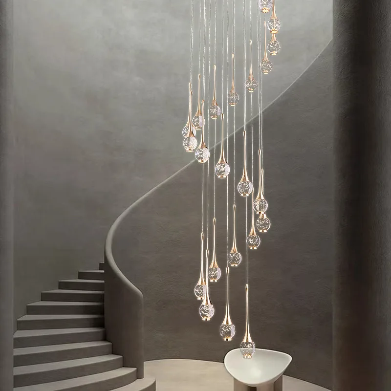 

Modern Light Luxury LED Crystal Chandeliers Water Drop Hanging Lamp Creative Duplex Spiral Staircase Lights Living Room Fixtures