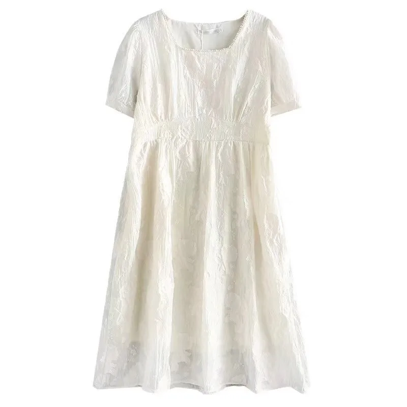 

Plus Size Dresses For Women Clothing Fashion Solid Lace Female Dress Sweet Bead Square Collar Puff Sleeve Dress Summer 2022