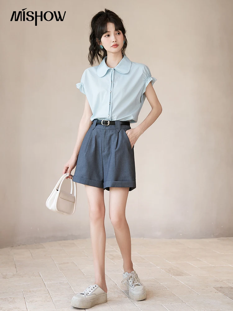 MISHOW Women's with Belt Casual Suit Shorts 2023 Summer Solid Loose Fit Hem Curling Wide Leg Short Pants Office Lady MXC39K0090