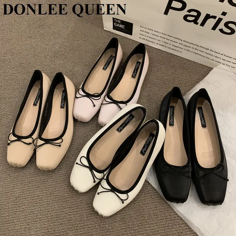 

2023 Fashion Flats Shoes Women Flat Ballerina Casual Slip On Soft Moccasins Square Toe Shallow Bow Knot Ballet Shoes Dress Mujer