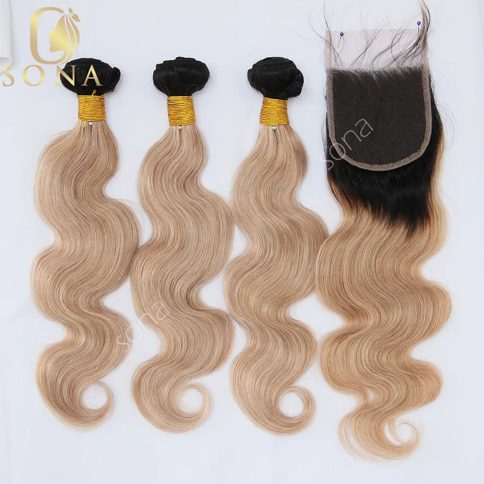 Фото Наборы натуральных волос Honey Blonde Ombre 1B 27 с заколкой-застежкой и HD-кружевом, пепельно-русый, 3 пучка с темными корнями №5