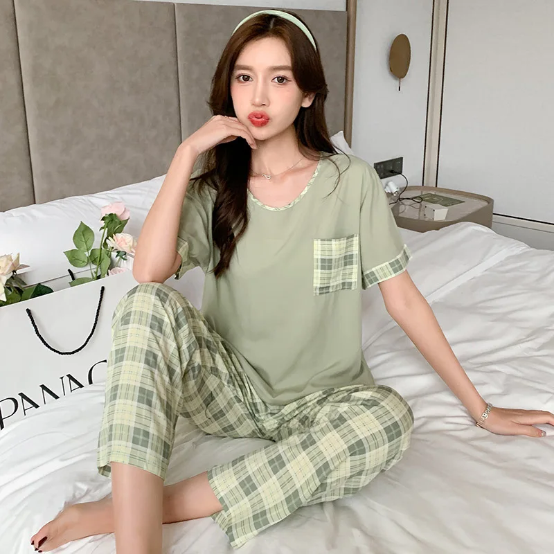 

2023 couple's Summer Pajamas Suit Waffle Young Shorts Half Sleeve Top Youth TOT Sets For Lover 2 Pieces Costume For Sleeping