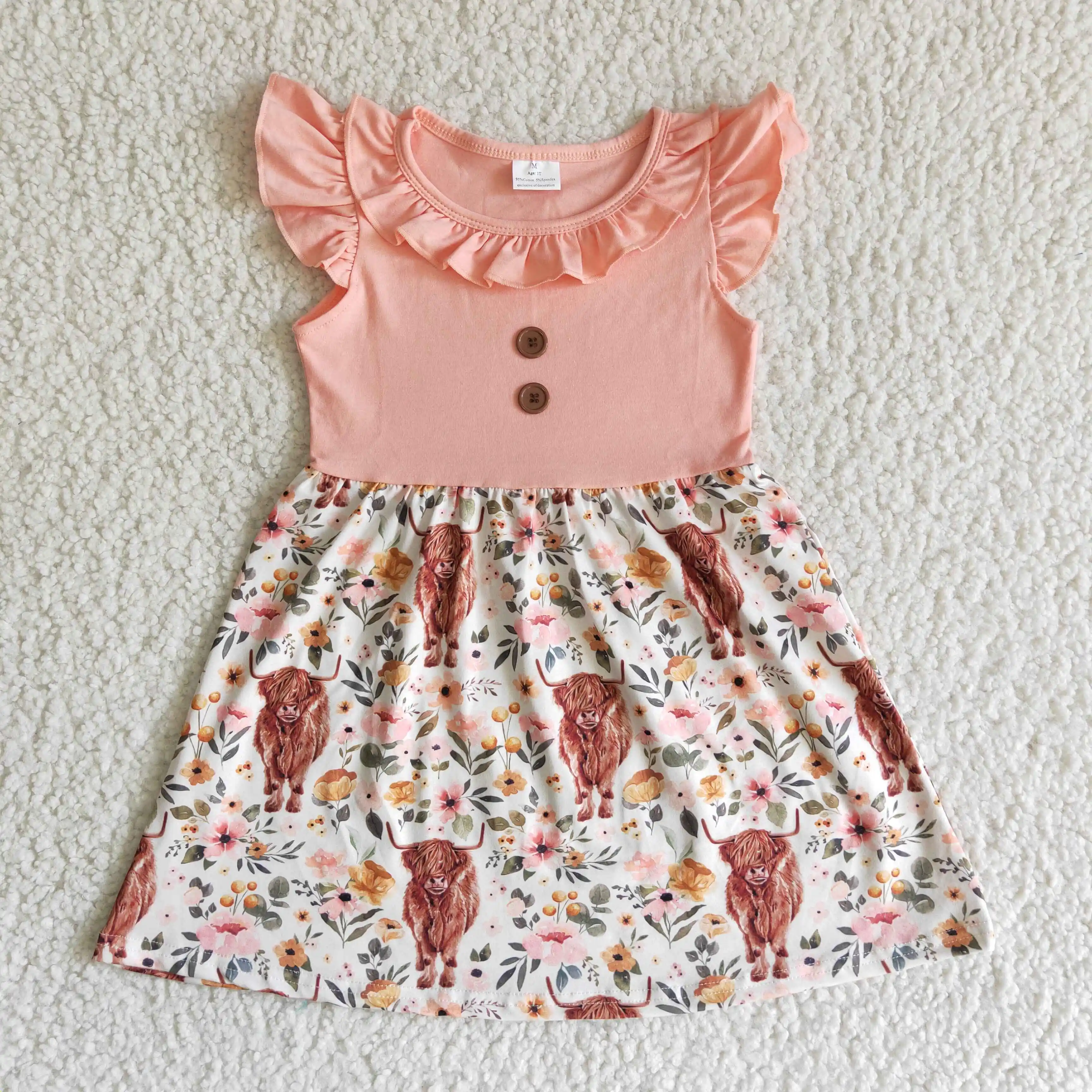 

Kids summer dress western design cow print ruffles short sleeves character boutique flower girls' dresses RTS NO MOQ