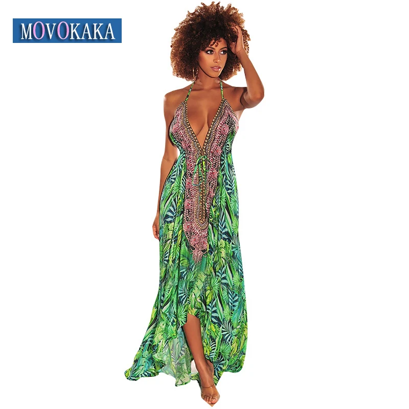 

MOVOKAKA Woman Summer Sexy Strap Long Dress Beach Casual Holiday Print V Neck Vestids Party Loose Backless Vintage Maix Dresses