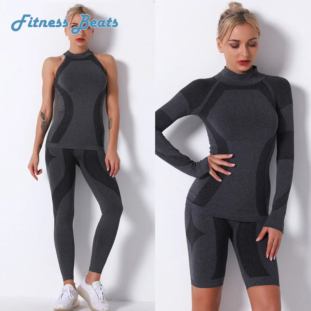 

Gym Yoga Set Fitness Seamless Breathable Quick Dry Moisture Wicking Elasticity Shockproof Ladies Vest Pants&Long Sleeved Shorts