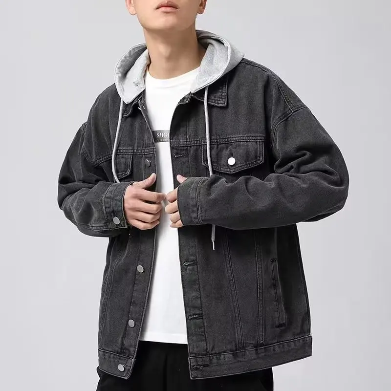 

Hooded Denim Jacket Multi -pocket Casual Streetwear Spring and Autumn Solid Color Denim Coats Fashion men's Clothing