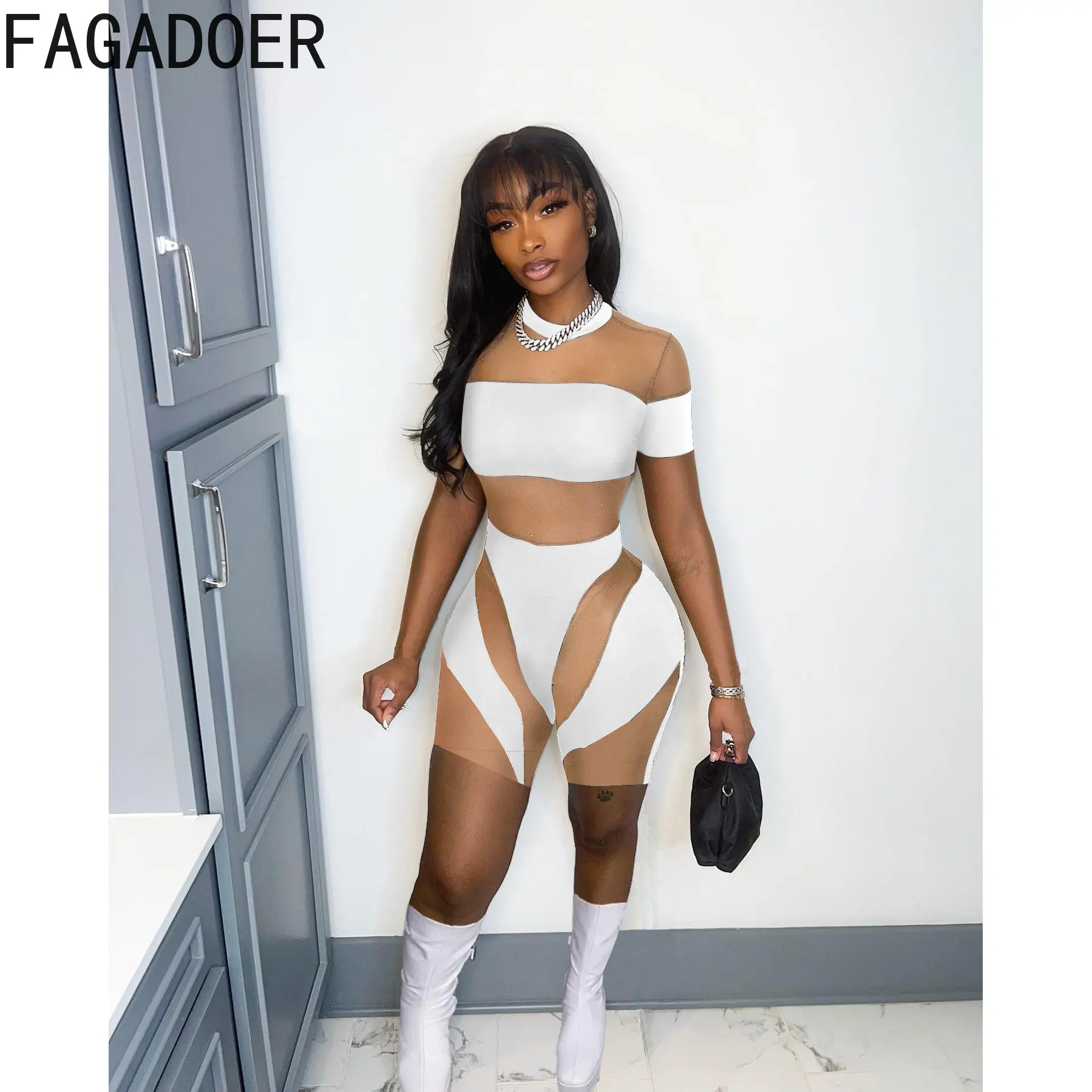 FAGADOER Sexy Mesh Patchwork Color Rompers Women Round Neck Short Sleeve Skinny Pants Jumpsuits Female Sporty One Piece Overalls