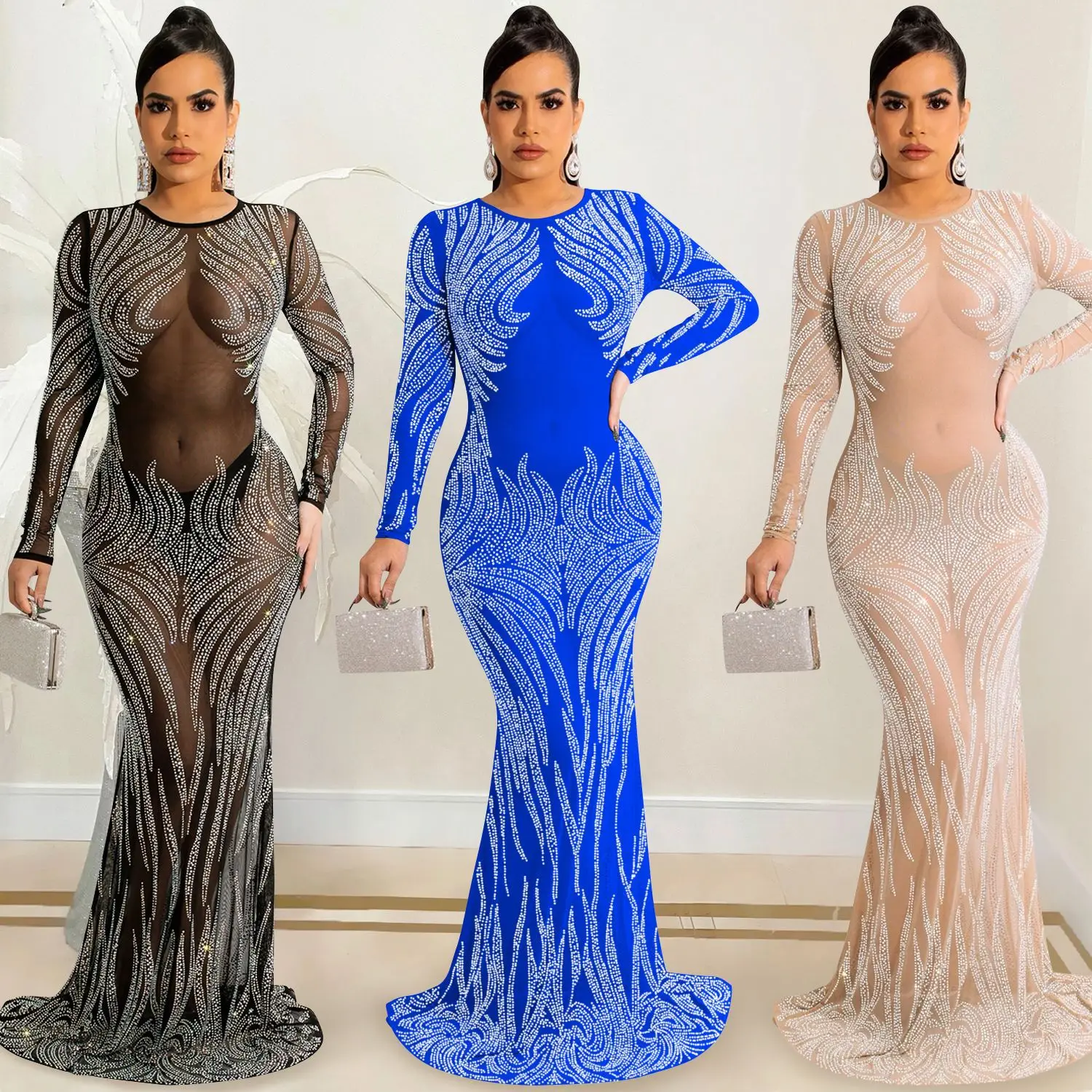 

Women Mesh See Though Diamonds Hot Drill Feather Hem Long Sleeve O-neck Bodycon Midi Maxi Long Dress for Clubwear Party
