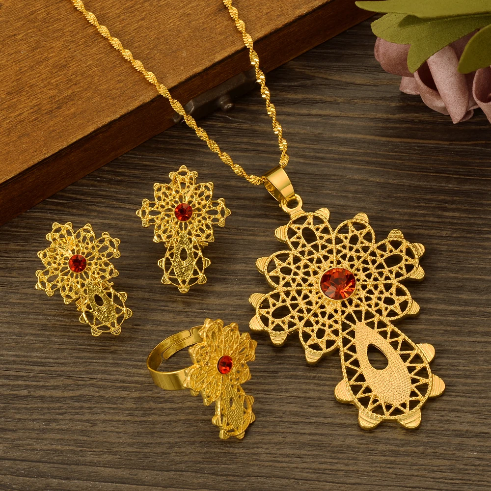 

Ethiopian Cross Jewelry Bridal Sets Charms Pendant and Necklaces Earrins Rings African Eritrean Habesha Accessories
