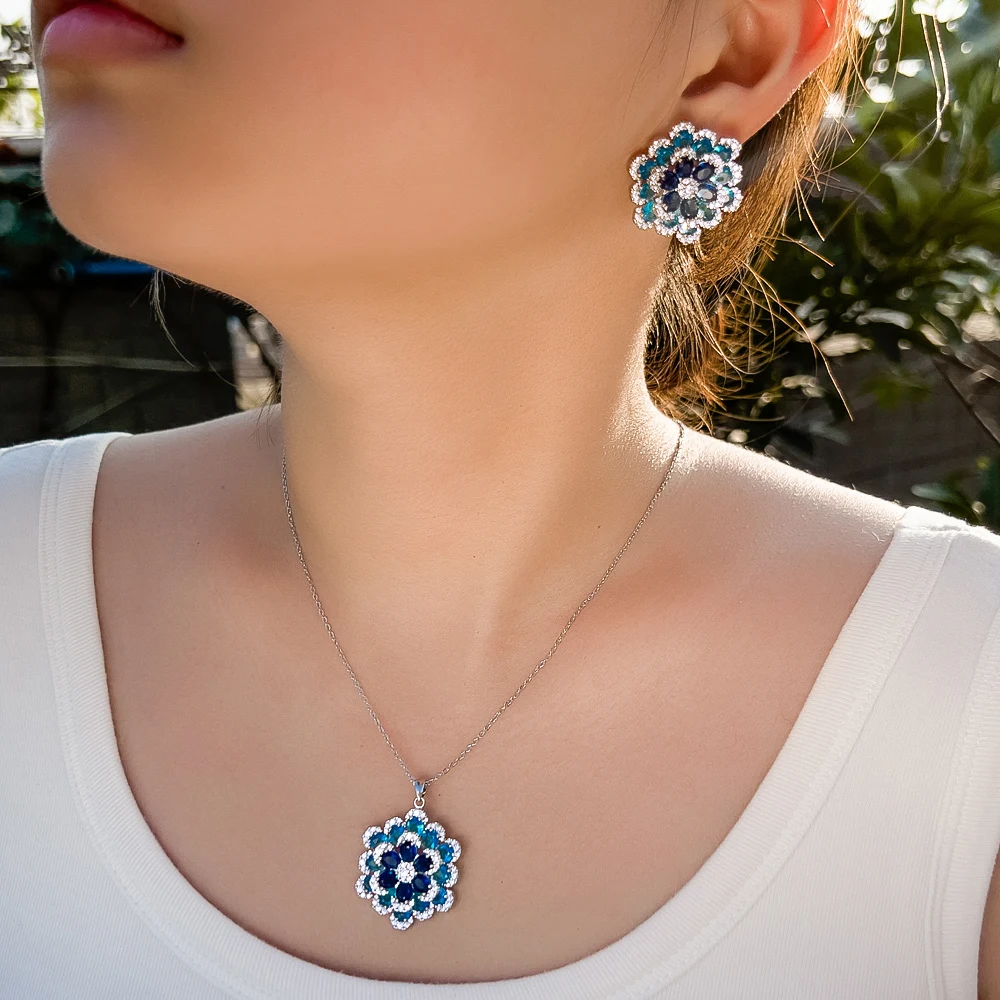 Фото CWWZircons Art Deco Роскошные синие циркониевые массивные серьги в форме цветка и ожерелье с подвеской Женские вечерние комплекты ювелирных изделий T764 №1