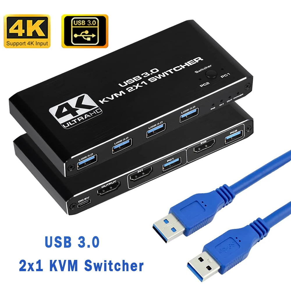 4K USB KVM Switch USB 3.0 Переключатель HDMI совместим с KVM Switch 2 в 1 для 2 ПК с общей клавиатурой и мышью EDID / HDCP принтер