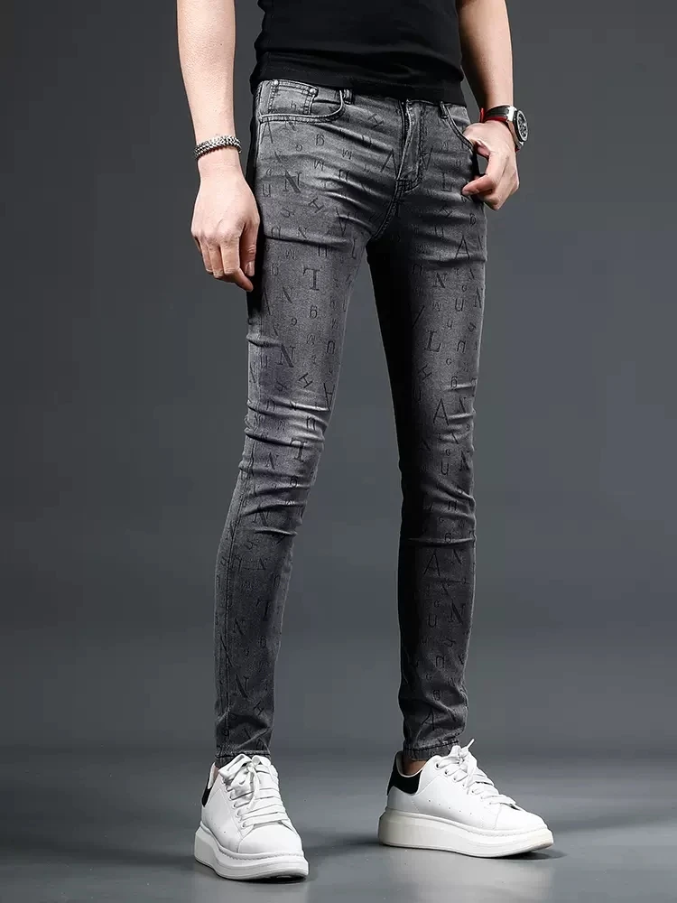 Summer Slim Fit Men's Jeans Fashion Letter Printed Gray Denim Pants CP2266