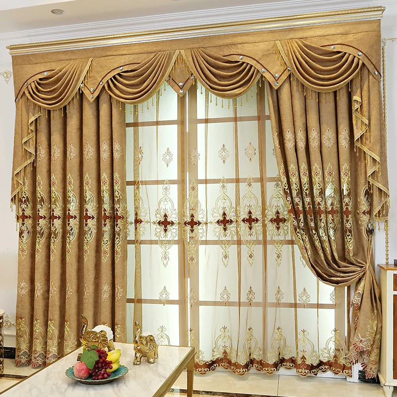 

Luxury Brown Gold Embroidered Thickened Chenille Blackout Curtains for Living Room Bedroom Window Screen Custom Villa Valance