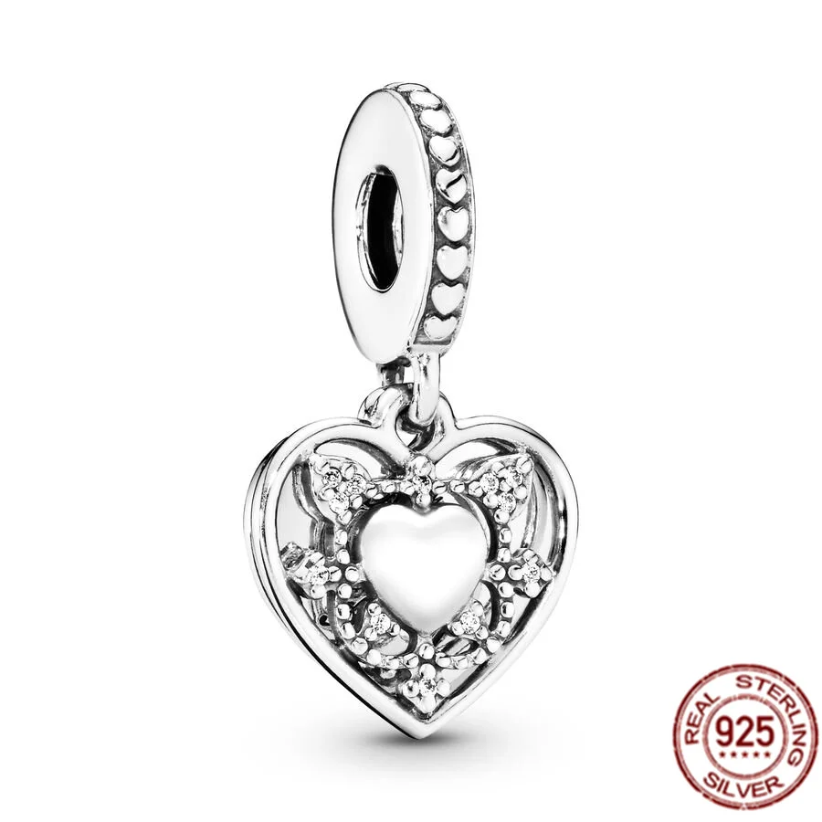 925 Sterling Silver Linked Sister Hearts Split & Openable Heart Locket Dangle Charm Bead Fit Original Pandora Bracelet Jewelry images - 6