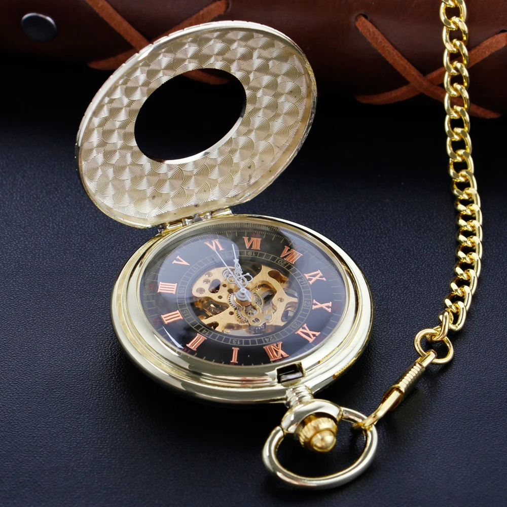 Golden Luxury Wood Transparent Movement Mechanical Pocket Watch Vintage Gentleman Analog Signal Clock Women's Jewelry Gift