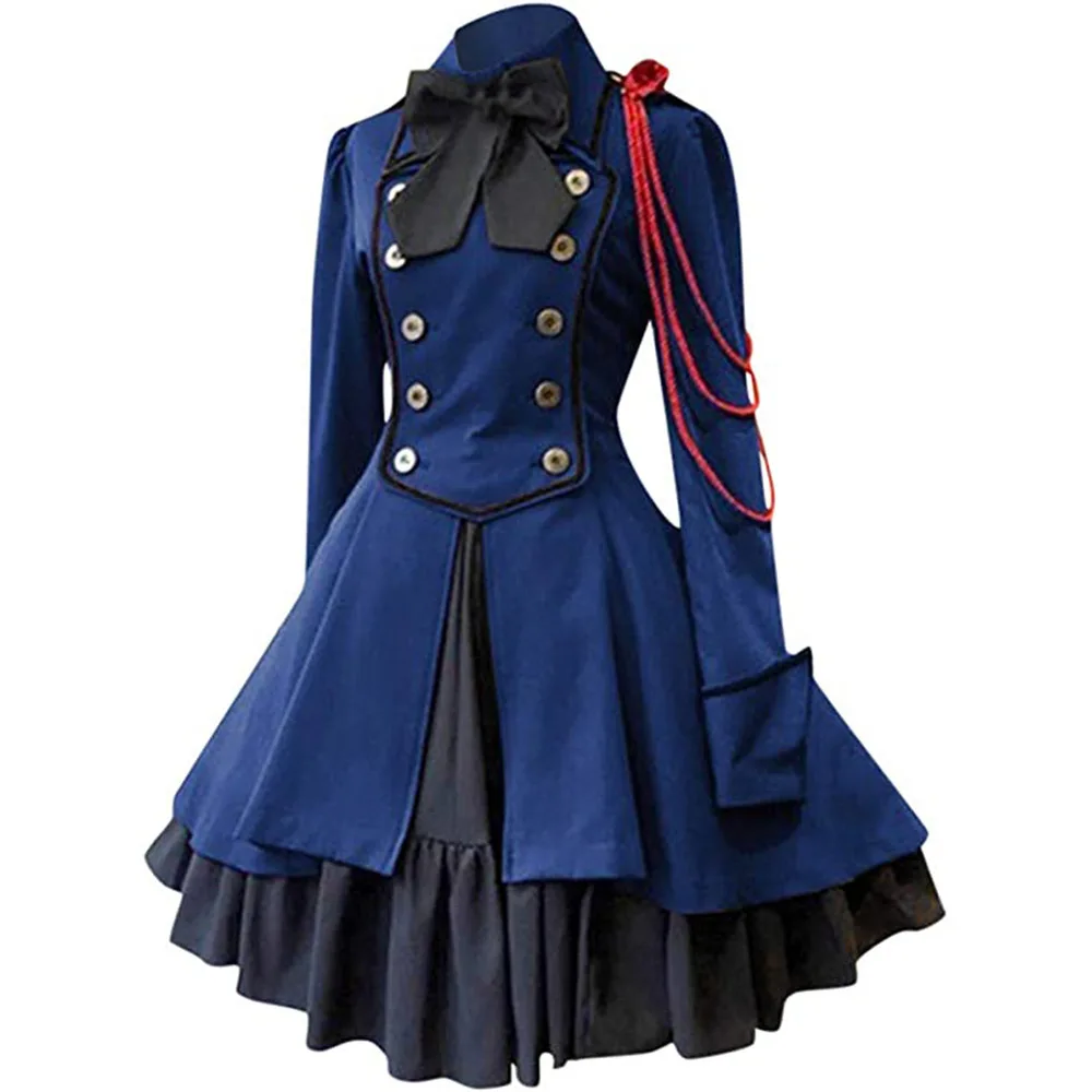 

Medieval Retro Gothic Black Lace Up Chain Bow Lolita Coat Long Sleeves Ruffle Classic Lolita Dress Slim Knee Length Cosplay Clot