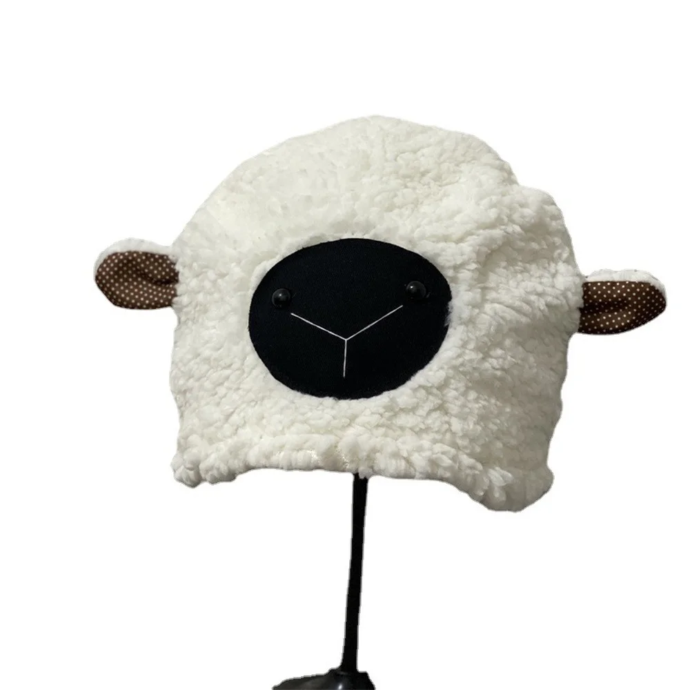 

Cute Cartoon Lamb Pullover Hat with Earflaps Female Girl Warm Lamb Kawaii Sheep Lug Wool Cap Designer Beanie Winter Head Hood