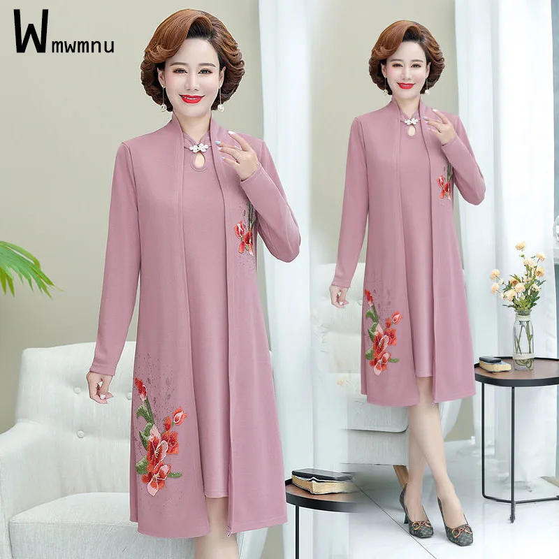 

Floral Embroidery Mother Dress 2 Piece Sets Ladies Full Sleeve Long Open Stitch Coat+Knee-Length Vest Cheongsam Robes Outfits