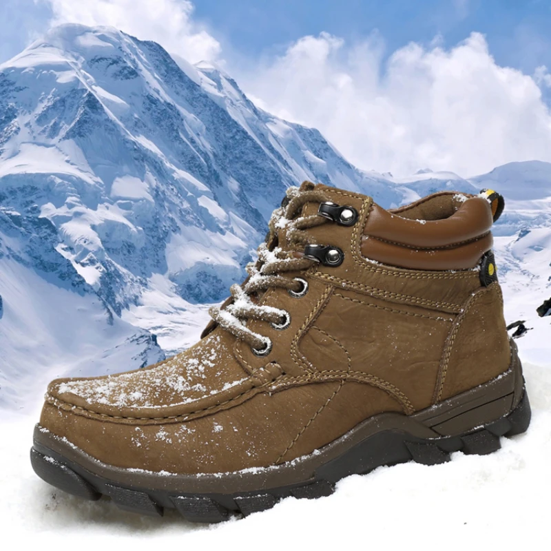 

Уличные Нескользящие высокие ботинки из хлопка, ботинки ручной работы из натуральной кожи для снега, мужские плюшевые повседневные рабочие короткие ботинки, обувь для мужчин