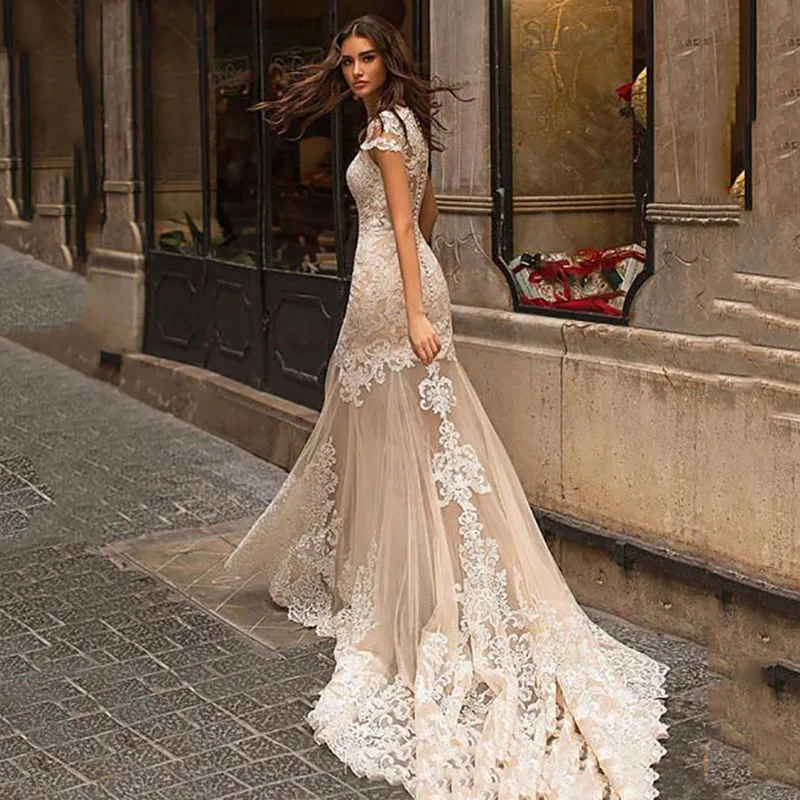 

Dresses for Women 2022 Bridal Boho V-neck A-LINE Organza Tulle Back Button Design Delicate Decals Type Off the Shoulder Cut-out