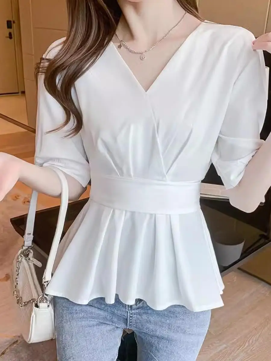 Summer Fashion Small Shirt Waist Hugging Western Sle Top Women clothes Clothing Short sleeve 2024 New Chiffon Shirts...
