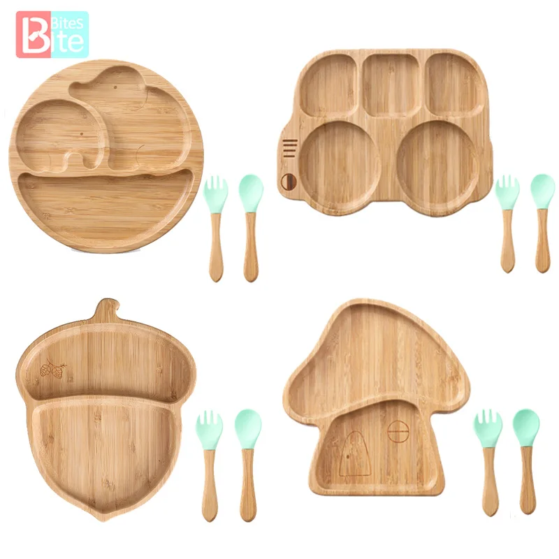 3PCS Wooden Baby Feeding Tableware Bamboo Children Feeding B