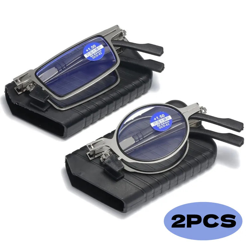 

2PCS Blue Light Blocking Reading Glasses Men Metal Foldable Presbyopia Spectacles Frame Glasses with Case +1.0 +2.0 +3.0 +4.0