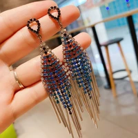 luxury blue rhinestones long tassel earring for women fashion crystal bridal drop dangling earrings party wedding jewelry gifts