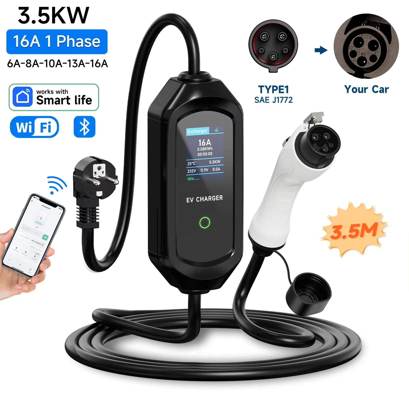 

3,5 кВт Type2 IEC62196-2 Портативное зарядное устройство для электромобилей 16A Type1 SAE J1772 Кабель для быстрой зарядки EVSE GB/T Wallbox WiFi APP Bluetooth Управление