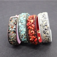 natural stone gravel fine leather bracelet gravel rhinestones inlaid handmade womens jewelry cuff bracelet wristband 20x220mm
