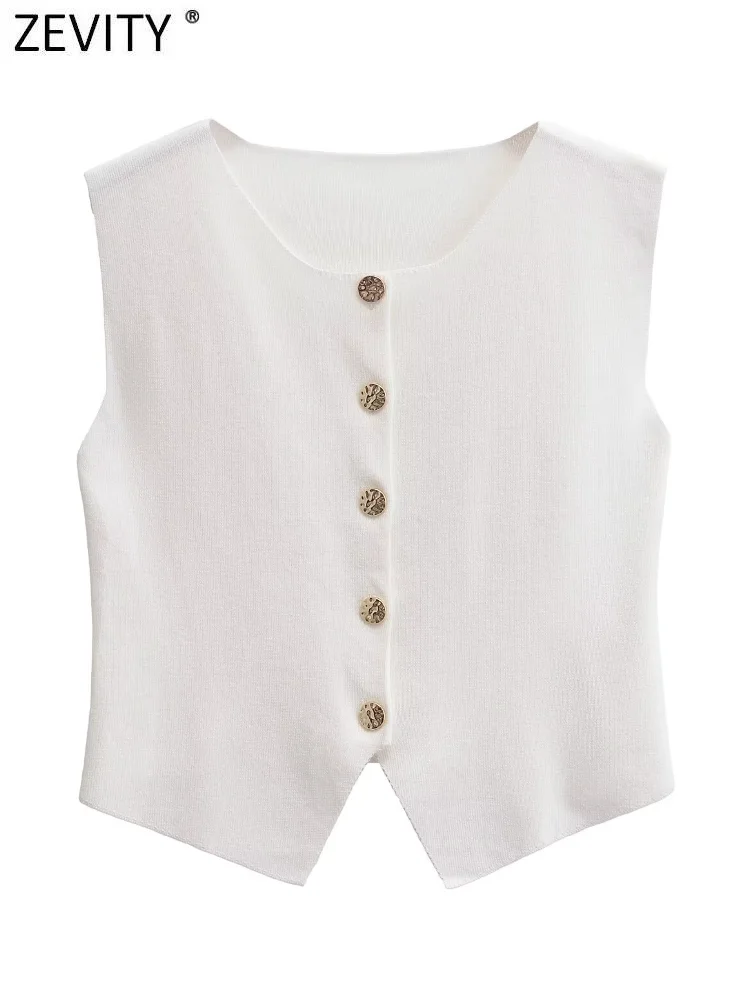 Zevity новинка 2024 женский модный однотонный вязаный жилет без рукавов с круглым