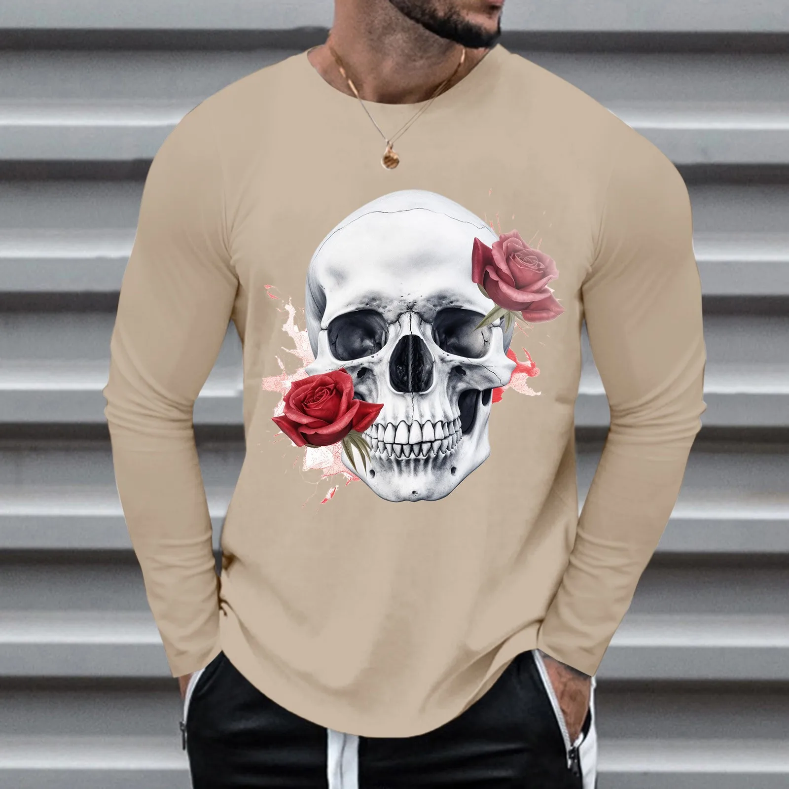 

Men‘S Long Sleeve T Shirts Solid Color Casual Halloween Flower Skeleton Print T Shirt Oversize Vintage O-Neck Tee Shirt For Men