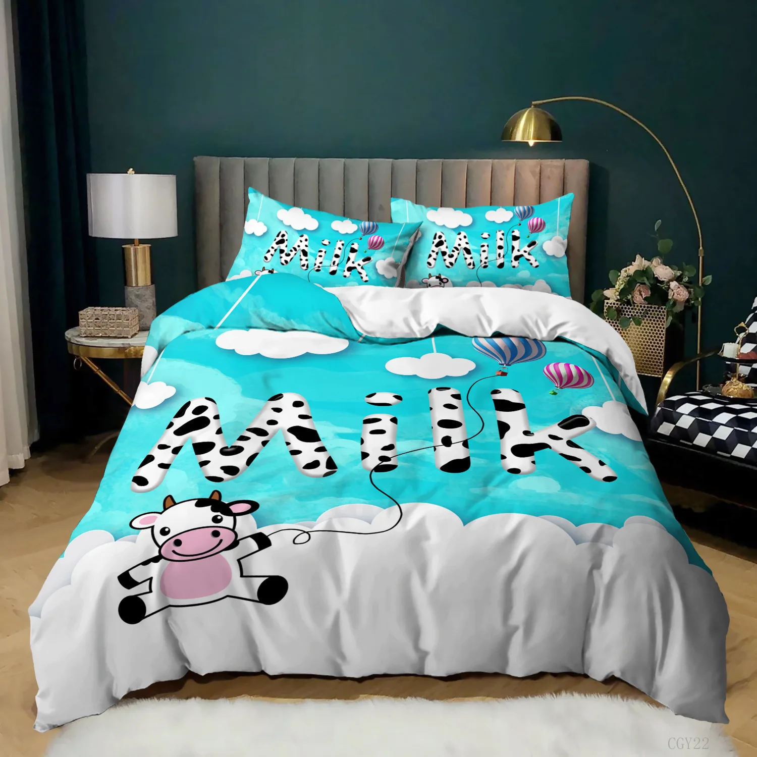 

Cow Duvet Cover Set King Size Milk Cows Animal Bedding Set Microfiber Blue Sky and White Clouds Balloon Farm Theme Quilt Cover