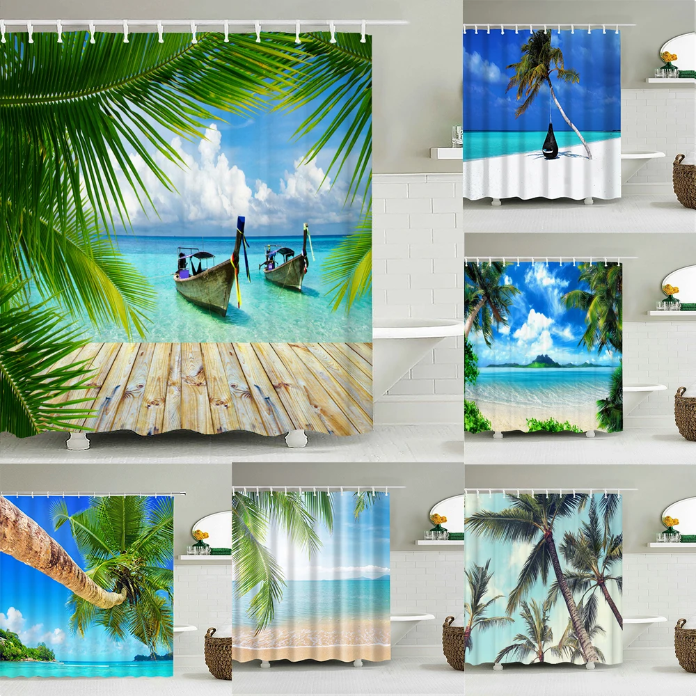 

Beach Sea Palm Trees Shower Curtains 3d Nature Scenery Waterproof Bathroom Curtains Bathtub Bath Screen Partition Cortina Baño
