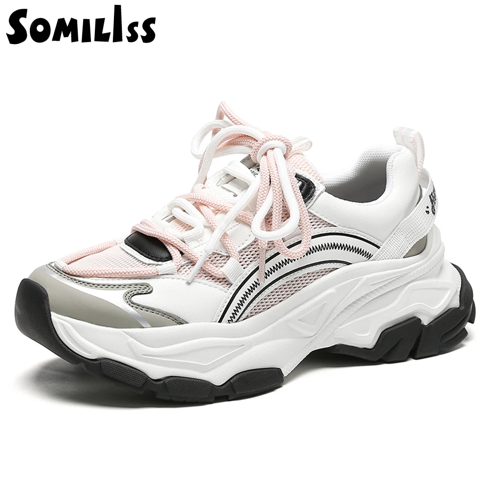 SOMILISS Women Platform Sneakers Genuine Leather Mesh Patchwork Chunky Sneakers Comfortable Ladies Fashion Casual Shoes