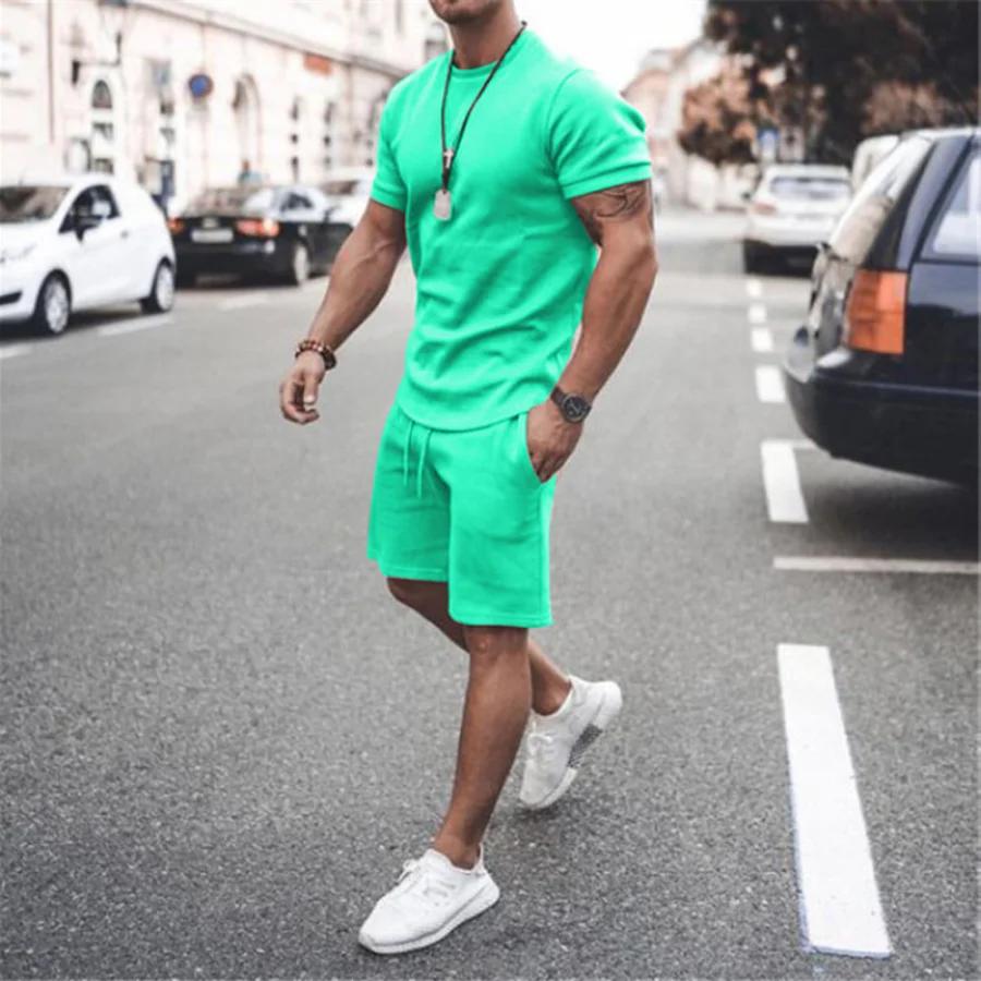 Men's Sports Suit Summer Breathable T-shirt 2 piece Set Men Solid Color Fitness Gyms Running Sportswear Male Tracksuit 2023 New