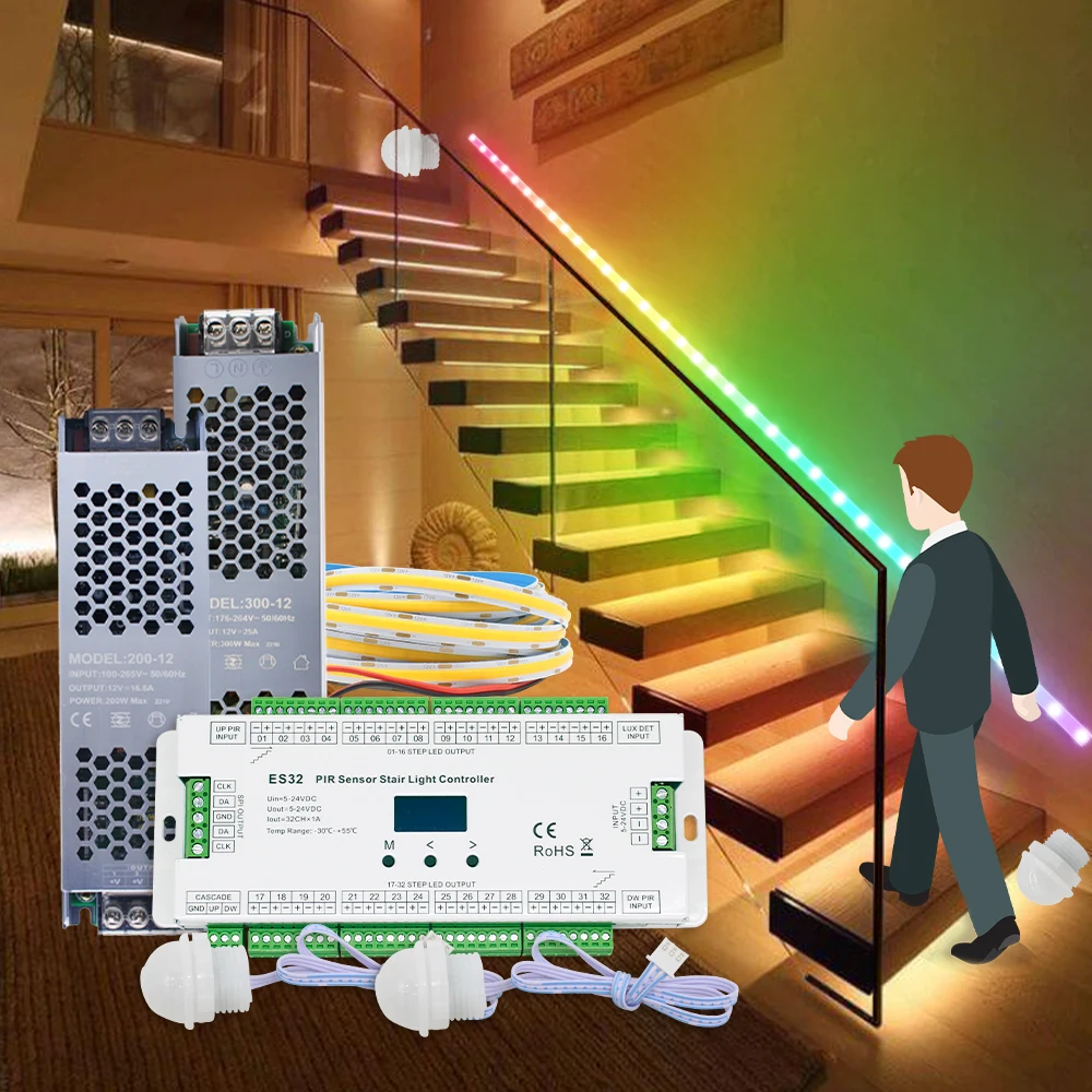 PIR Motion Sensor Light Controller ES32 12V 24V Single Color RGB Pixel Flex 5M LED Strip Infrared Step Lamp Controler for Stairs
