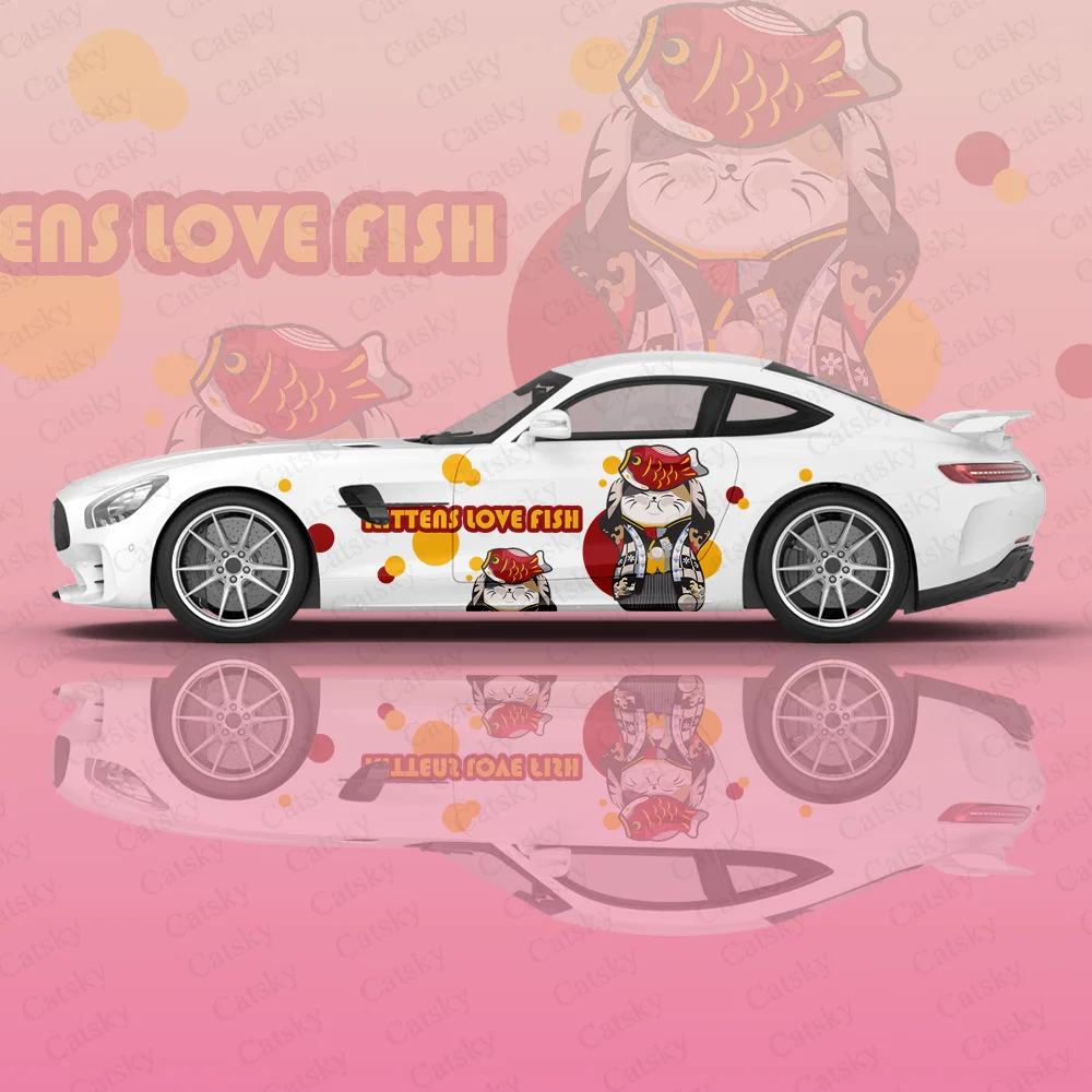 

Японские наклейки на корпус автомобиля с изображением счастливого кота, виниловые наклейки Itasha для боковых автомобилей, стикеры для кузова автомобиля