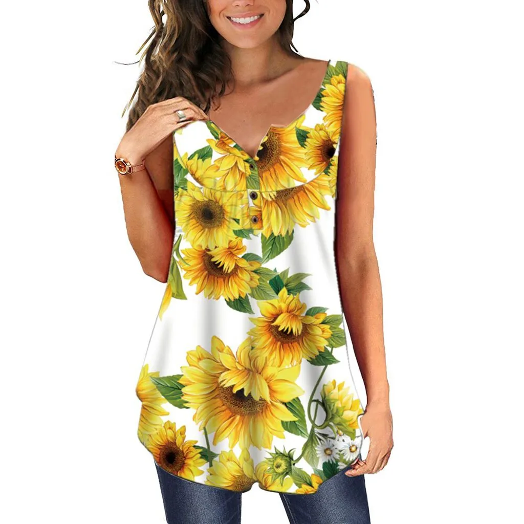 

Womens Summer Sleeveless V Neck Floral Casual Swing Shirts Buttons Tank Tops Women's Multi Pack V Necks Dress Top