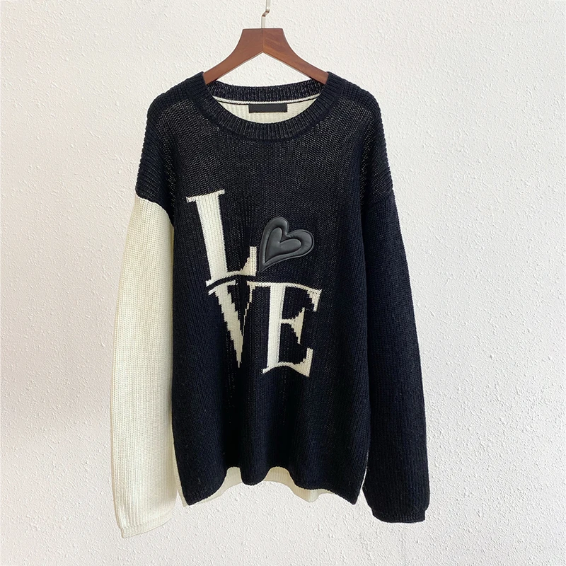 Wool 100% Letter Jacquard Love Long-sleeved Knitted Pullover 2022 Autumn New Women French Round Neck Slim Loose Sweater