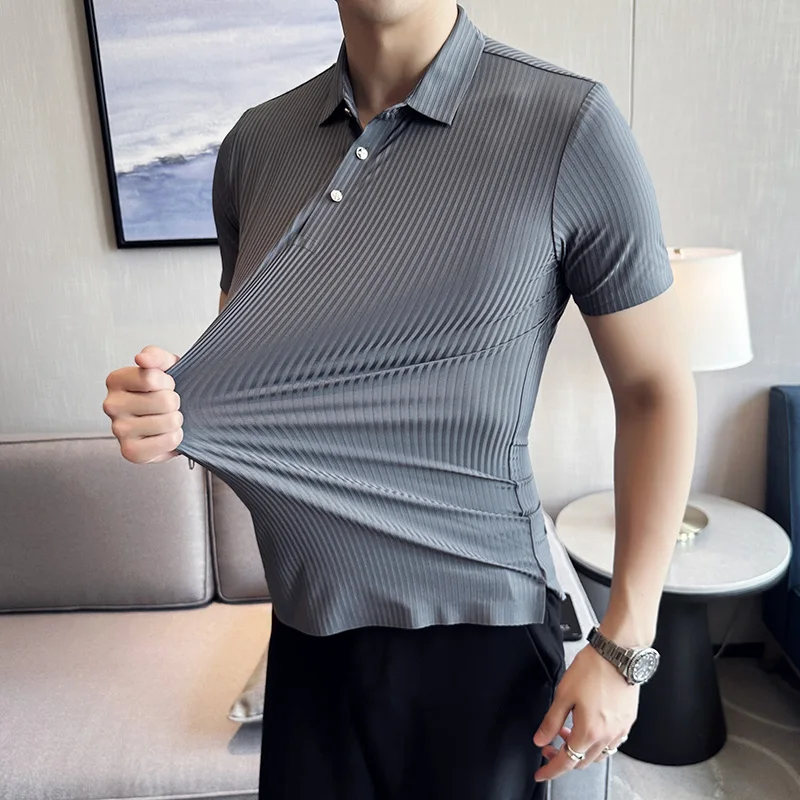 

Casual Short-sleeved Summer Polo Shirts for Men High Stretch Ice Silk for Men Stripe Polo Shirts/Man Slim Fit T-shirts M-4XL