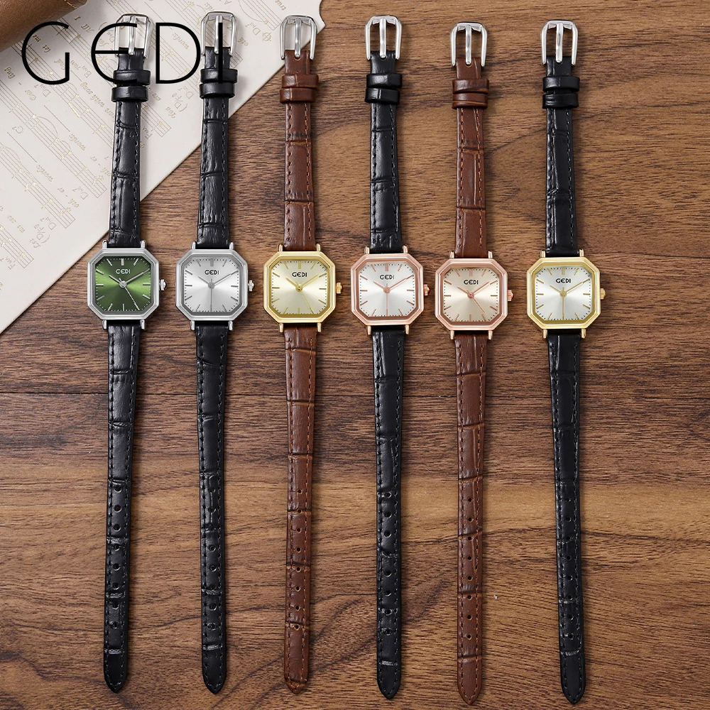 GEDI New Square Women Watch Luxury Business Waterproof Quartz Analog Ladies Watch Leather Strap Fashion Casual Female Wristwatch