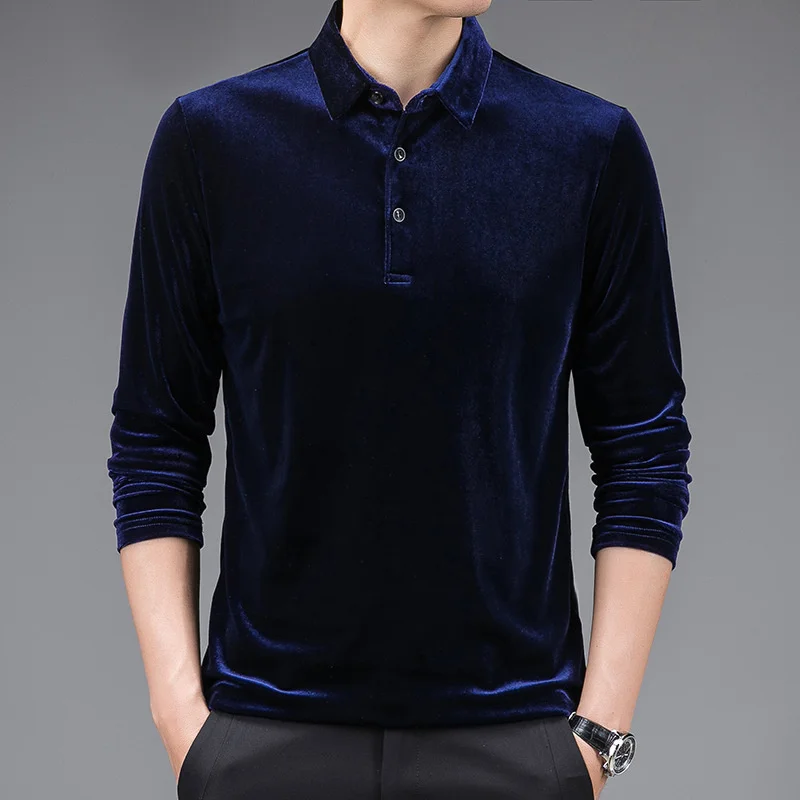 

Рубашка-поло Мужская бархатная, модная деловая блуза с длинным рукавом, однотонная Повседневная приталенная, с воротником на пуговицах, в К...