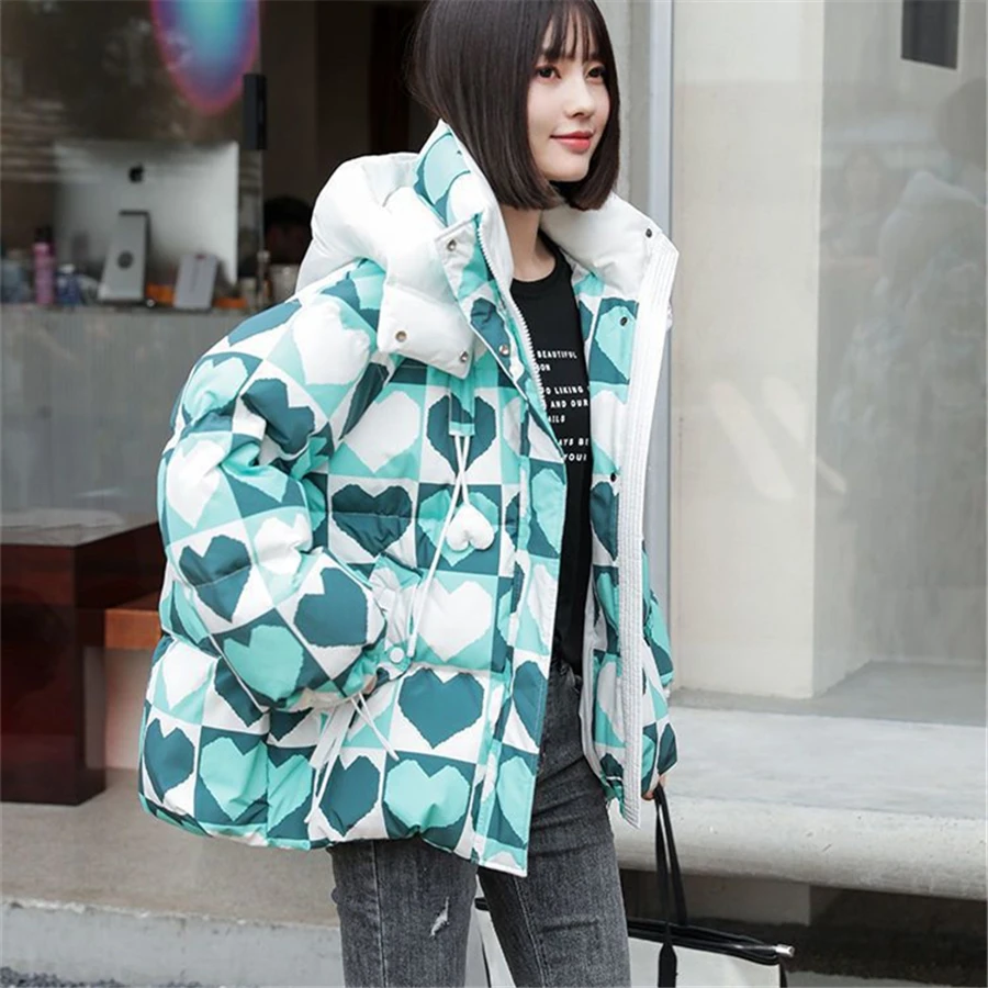 Short Winter Hooded Heart Print Women Jacket Warm Thick Parka Cotton Padded Coat Snow Waterproof Outwear Casual Korean Abrigo