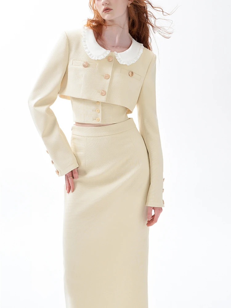 

Женский комплект из трех предметов, однотонный костюм в Корейском стиле, жилет на бретельках, укороченный топ с длинным рукавом и Повседневная элегантная юбка миди, осень 2022