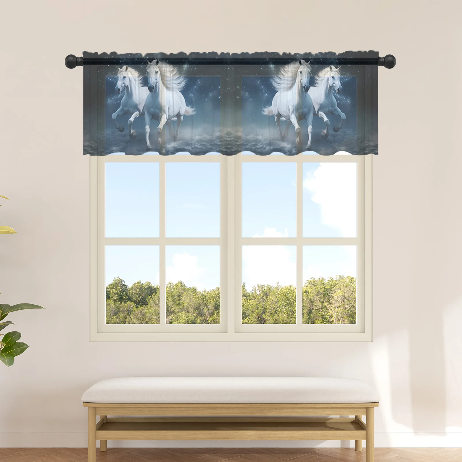 

Horse Starry Sky Clouds Short Tulle Curtain Kitchen Cabinet Curtains Living Room Bedroom Curtain for Home Decor