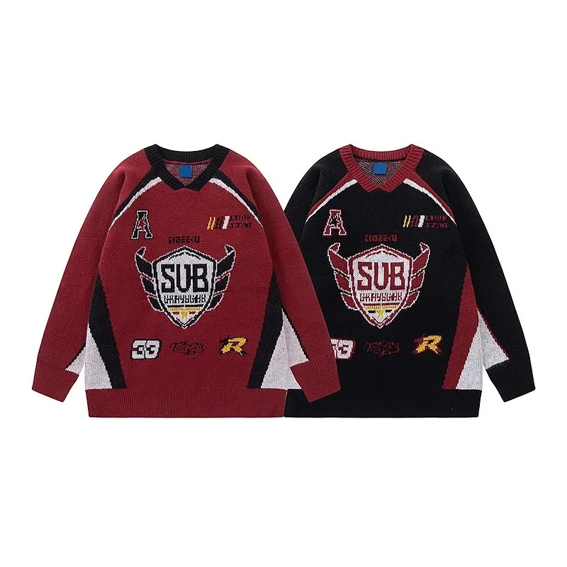 Винтажный модный жаккардовый свитер с v-образным вырезом в американском стиле