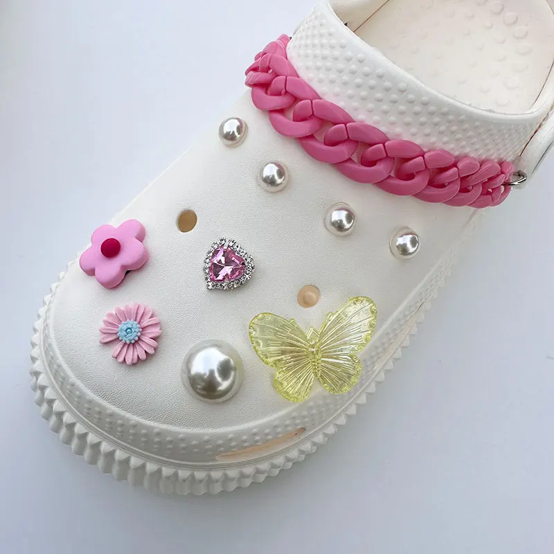 Pink Daisy Sunflowers Charms For Shoes Accessories Pack Vintage Luxury Rhinestone Curb Link Chains DIY New Design Jewelry Gifts